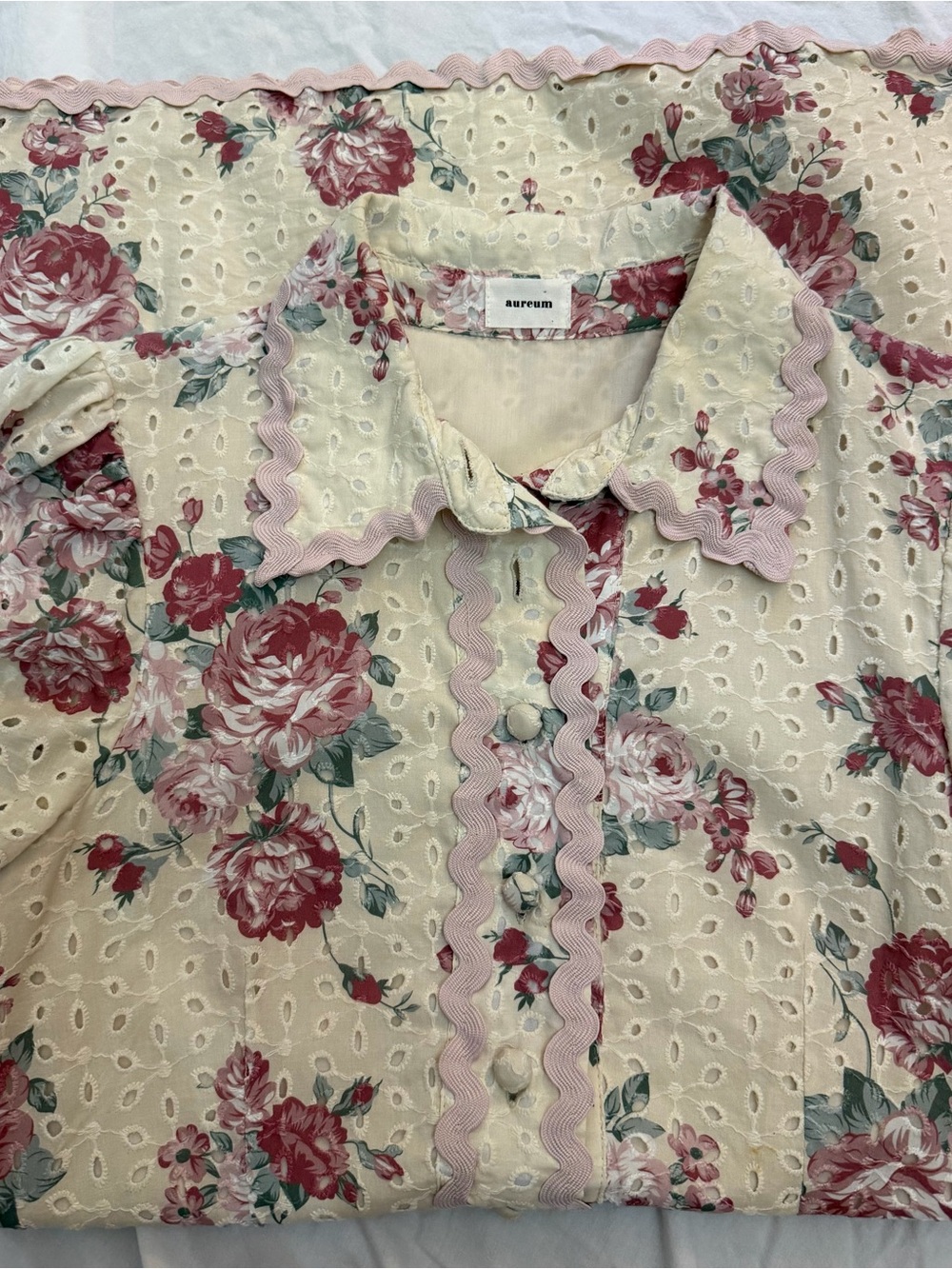 AUREUM Cream Eyelet Mini Dress with Pink Rose Print - Picture 7 of 8